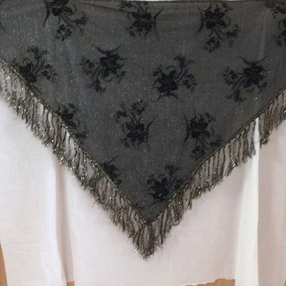 Shawl Black & Gold  w/Black Velvet flowers #339